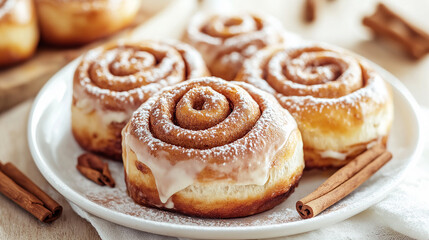 Homemade Cinnabon Buns with Cinnamon and Cream on a white plate on a wooden table and napkin