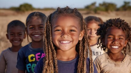 Fototapeta premium Group of happy diverse children smiling and standing together in a sunny rural field during daytime.