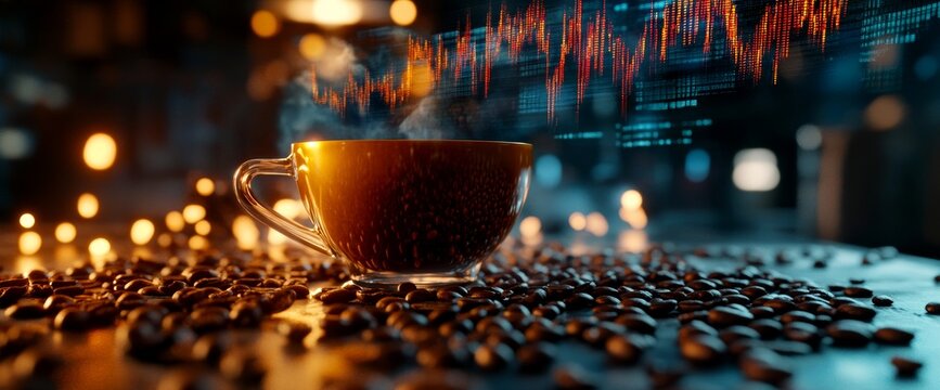 Steaming coffee cup with digital data overlay.