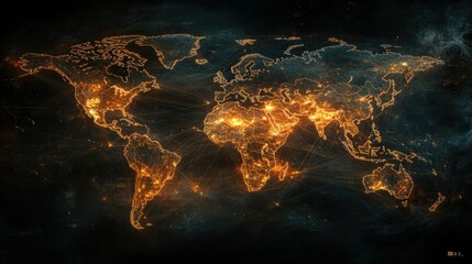 A world map illuminated with golden lights