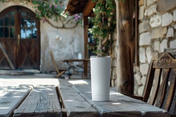 White Travel Mug on Rustic Wooden Table in Outdoor Garden Setting