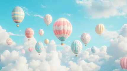 Fototapeta premium Colorful hot air balloons float gracefully in a bright blue sky over fluffy white clouds capturing the essence of adventure and freedom
