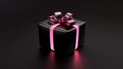 Obraz premium A beautifully wrapped black gift box with a shiny pink ribbon and glowing accents, set against a dark background.
