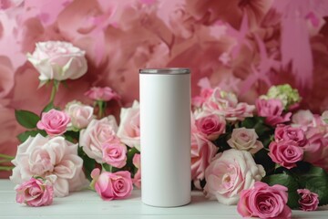 Elegant White Cylinder Surrounded by Pink Roses on Soft Background