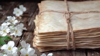 Stack of vintage paper tied with string near white flowers on rustic wooden table
