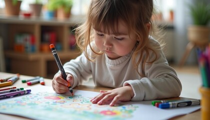 Child drawing with crayons on a large poster in a cozy home setting filled with art supplies
