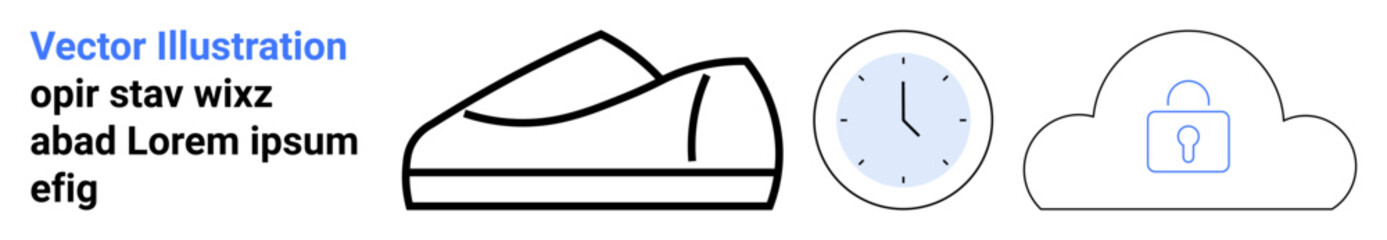 Shoe, clock, and cloud with lock elements. Ideal for technology, security, time management, nature, simplicity, abstract art, digital technology. Landing page