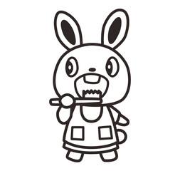 歯磨きをするウサギのイラスト_線画