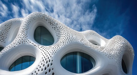 Modern Architectural Design Featuring Organic Shapes and Intricate Patterns, Showcasing Innovative Structure Against a Bright Blue Sky With Wispy Clouds