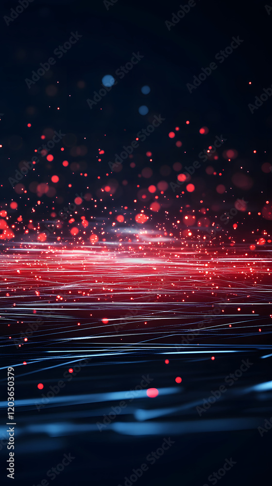 Poster Dynamic light trails and particles abstract background digital art dark environment close-up view modern concept