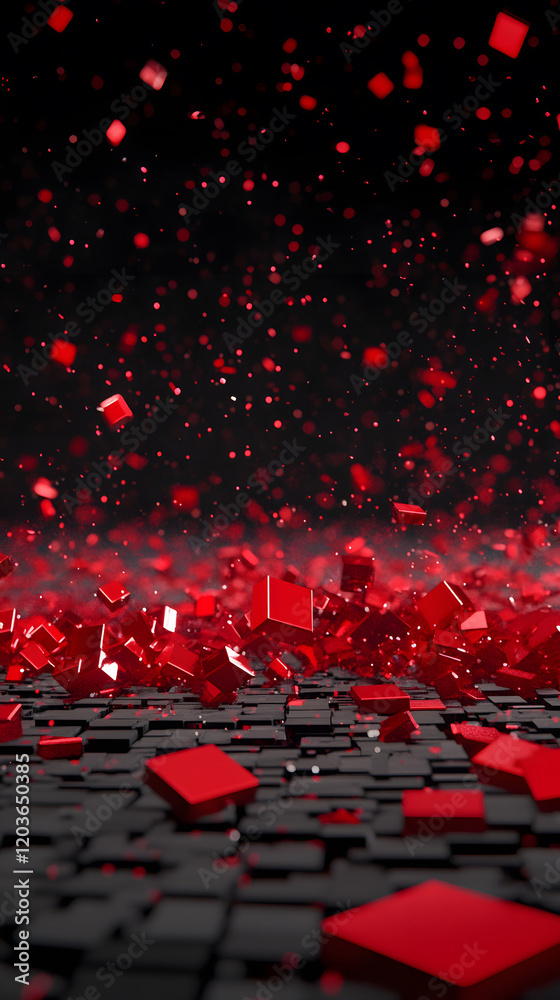 Aufkleber Dynamic red particles falling abstract background digital art dark environment close-up view motion concept