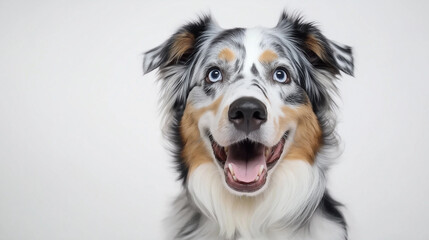Fototapeta premium Portrait of a pretty blue merle Australian shepherd dog looking straight at the camera with open mouth isolated on a white background