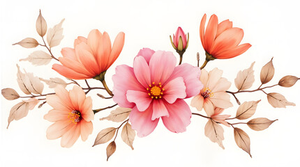 Fototapeta premium Watercolor painting of a flower bouquet with pink and orange flowers, delicate leaves in warm shades.