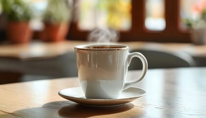Obraz premium Steaming cup of coffee on wooden table, cozy indoor setting with blurred background.
