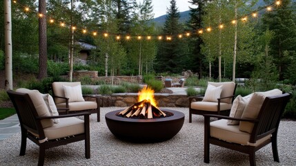 A warm fire pit sits amidst inviting seating under string lights, perfect for late afternoon relaxation and socializing near lush greenery and trees