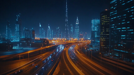 Obraz premium Vibrant city skyline with dynamic highway lights at night cinematic view.