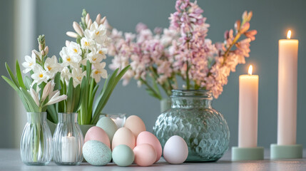 Easter celebration decor home setting floral arrangement spring ambiance close-up view festive vibes with candles and eggs