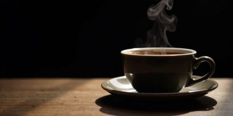 Aromatic Coffee Steaming in a Dark-Colored Mug on Wooden Surface with Subtle Lighting