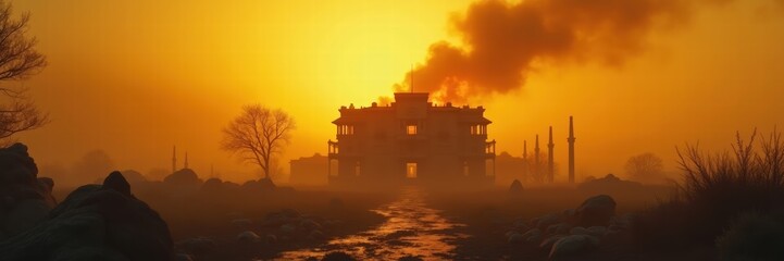 Fototapeta premium A haunting silhouette of a ruined building against a backdrop of smoky orange skies, perfect for themes of destruction, resilience, or post-apocalyptic narratives.