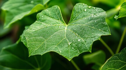 Morning dew drops on fresh green leaf 