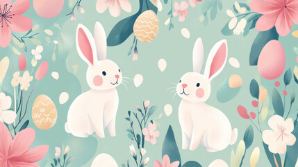 Easter celebration featuring cute bunny rabbits and colorful eggs in a floral garden whimsical artwork springtime vibes playful atmosphere