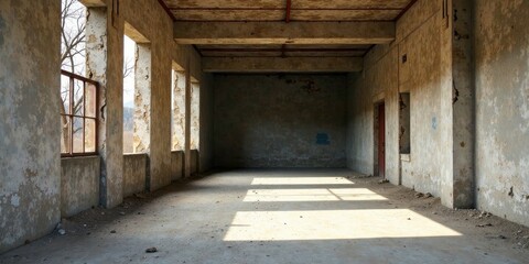 Obraz premium Sunlit Interior of an Abandoned Building Dust-Covered Floor, Weathered Walls, and Broken Windows