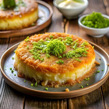 A Close-up of a Delicious Kunafa Dessert with Green Topping.
