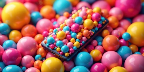 Obraz premium A sleek device nestled amongst a vibrant profusion of colorful spheres, creating a playful and energetic visual composition.