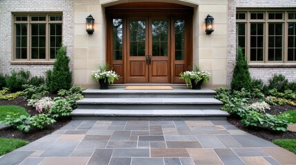 Fototapeta premium Exterior view of a contemporary farmhouse showcasing an oak front door framed by glass side panels. Lush landscaping enhances the inviting atmosphere of the entrance