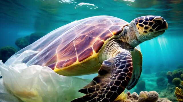 Footage Sea turtle entangled in plastic bag underwater. Underwater shooting. Water Environmental Pollution Problem