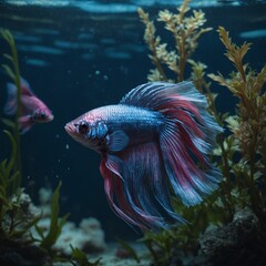 A Betta fish with shimmering blue and pink tones, framed by soft underwater plants in a serene pond.