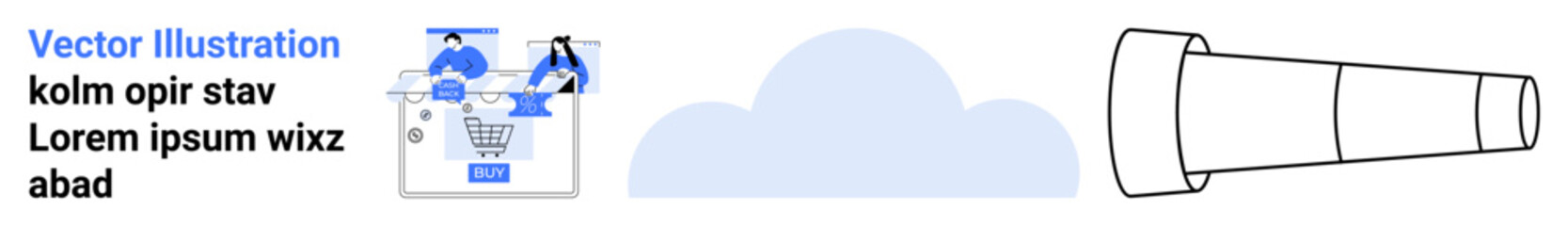 Woman browsing online store with shopping cart on a laptop. Telescope symbolizing search for best deals. Ideal for e-commerce, customer satisfaction, global trade, logistics, convenience, and modern