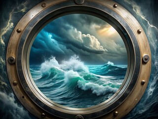 Dramatic Ocean Storm Raging Sea View Through Ship Porthole