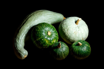 たくさんの緑のかぼちゃ　黒背景の切り抜き