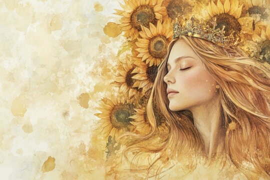 Happy International Women&acirc;&euro;&trade;s Day, a watercolor woman with flowing hair wearing a queen crown, blending into a field of sunflowers, warm golden and olive tones, with copy space on the right