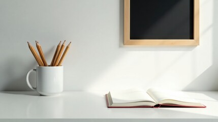 Obraz premium Simple Workspace Setup with Open Book, Pencils, and Blank Frame