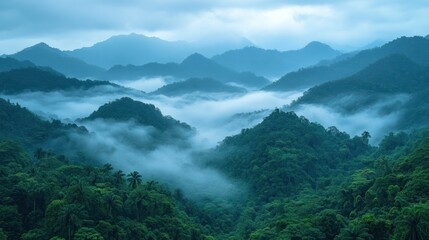 Lush Green Mountains Shrouded in Mist Under a Cloudy Sky, Evoking Serenity and Nature's Beauty
