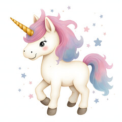 Watercolor illustration of a magical unicorn in soft pastel shades, with a golden horn and flowing mane.