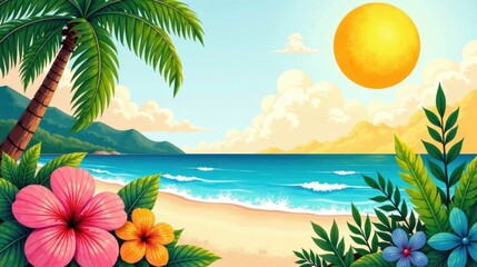 Serene Tropical Beach Scene with Vibrant Flowers and Palm Trees Under a Bright Sun