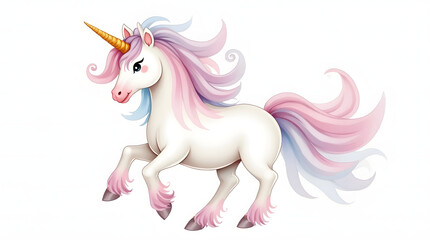 Watercolor illustration of a magical unicorn in soft pastel shades, with a golden horn and flowing mane.