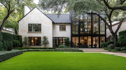 This modern cottage features a stone exterior, black windows, and a spacious front yard with vibrant green grass, embodying the farmhouse aesthetic near Lake Michigan