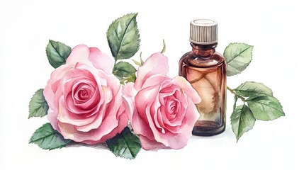 Hand-painted watercolor of pink rose flowers and essential oil, representing spa and aromatherapy