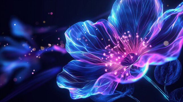 Digital neon flower. Futuristic wireframe glowing blossom on black background. Abstract cyber hologram of plant. Fantasy and technology blend in a stunning visual