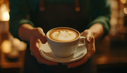 Waiter in black apron stretches a cup of coffee