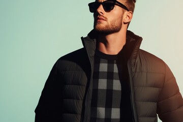 Fototapeta premium Fashionable young man in a puffer jacket and sunglasses posing against a light backdrop