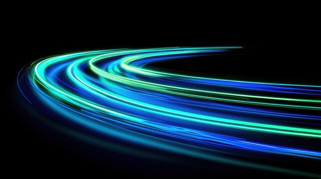 Bright blue and green light trails create a mesmerizing curve against a dark background - Powered by Adobe