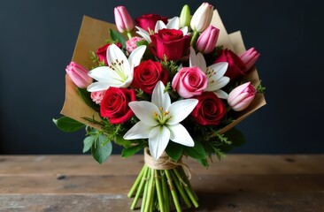 Valentine's Day Bouquet with Red Roses, White Lilies, and Pink Tulips in Kraft Paper