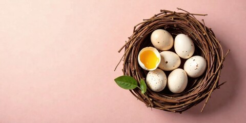 A delicate bird's nest cradles speckled eggs, one broken revealing a vibrant yolk, nestled on a soft pink background, enhanced by a single green leaf.