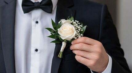 A groom stands confidently in a black tuxedo with a white shirt and bow tie. His lapel pin features a beautiful ranunculus, set against a serene autumn landscape