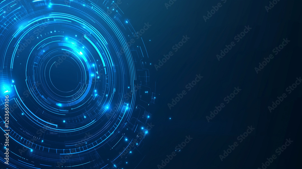 Aufkleber Abstract futuristic blue background featuring glowing digital technology and circuit board design. High-tech circular hologram elements on a dark blue background, perfect for business, innovation, and